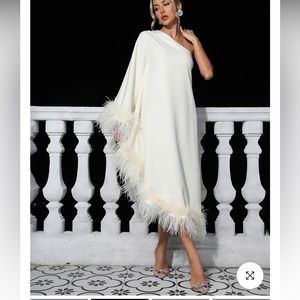 One shoulder feather trimmed dress